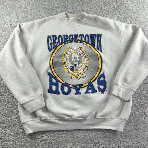 Georgetown Hoyas Sweater Mens Large White Crewneck College Crest Vintage‎ Retro - Picture 1 of 11